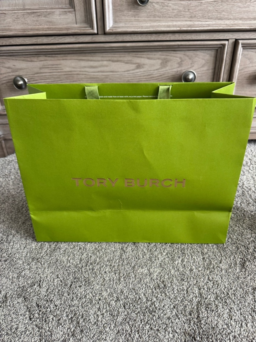 Empty Tory Burch Lime Green Paper Shopping Bag